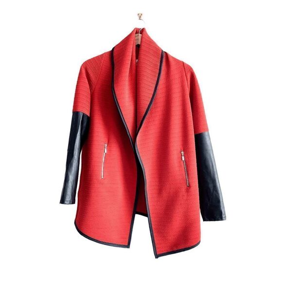 Joseph Ribkoff Jackets & Blazers - Joseph Ribkoff Women's Leather Sleeve Shawl Collar Open Front Ribbed Jacket Sz 6